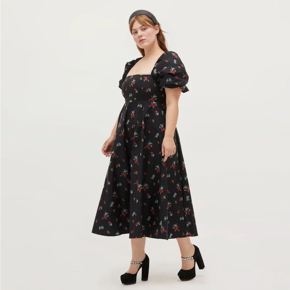 Hill House Matilda Nap Midi Dress Sz XXL Black Ikat Floral Taffeta Empire Waist